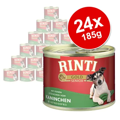 RINTI Gold Senior konzerva, 24×185g, mit feinen Stückchen vom Kaninchen, getreidefrei. Na obrázku pes a nápis 24x 185g.