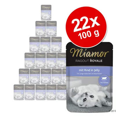 Miamor Ragout Royale mit Rind in Jelly pro koťata, balení 22×100 g. Na obalu obrázek kotěte a text Für Kitten.