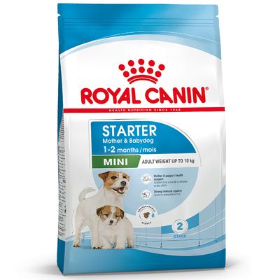 Royal Canin Starter Mother & Babydog Mini, 1–2 months, adult weight up to 10 kg, supports health and immune system, rehydratable food, image of two dogs.