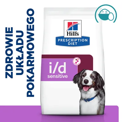 Hill's Prescription Diet i/d sensitive, zdjęcie opakowania z psem. Widoczny napis: ZDROWIE UKŁADU POKARMOWEGO. Hill's Prescription Diet i/d sensitive, zdjęcie opakowania z psem. Widoczny napis: ZDROWIE UKŁADU POKARMOWEGO.