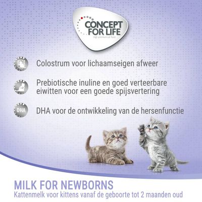 Concept for Life Milk for Newborns. Kattenmelk voor kittens vanaf de geboorte tot 2 maanden oud. Colostrum, prebiotische inuline, goed verteerbare eiwitten, DHA voor hersenfunctie.