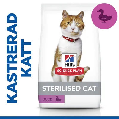 Hill's Science Plan Sterilised Cat Duck, text: KASTRERAD KATT, bild på katt och anka. Förpackning med synlig produkt- och smakangivelse. Hill's Science Plan Sterilised Cat Duck, text: KASTRERAD KATT, bild på katt och anka. Förpackning med synlig produkt- och smakangivelse.
