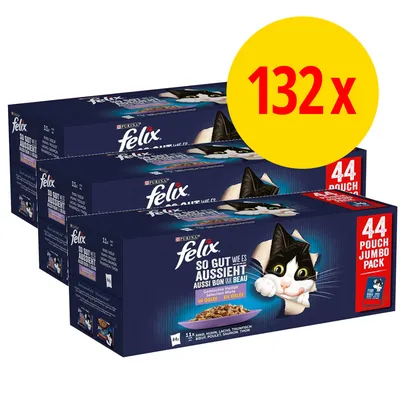 Felix So gut wie es aussieht, confezione da 132 buste in gelatina, assortimento di manzo, pollo, salmone e tonno. Scritta grande: 132x. Ogni scatola contiene 44 buste.