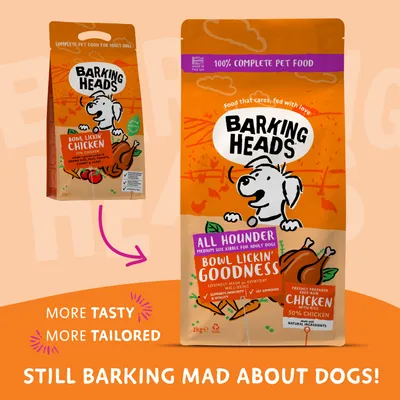 Barking Heads All Hounder Bowl Lickin' Goodness chicken kibble for adult dogs, highlighting 50% chicken, rice, natural ingredients, supports immunity and well-being. More tasty, more tailored.
