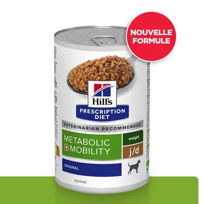 Boîte Hill's Prescription Diet Metabolic + Mobility weight j/d Original pour chien, texte « Nouvelle formule » visible sur l’emballage.