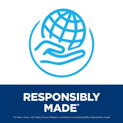 RESPONSIBLY MADE* (текст на английски език), икона с ръка, държаща земното кълбо. Малък текст: To learn more, visit https://www.hillspet.co.uk/about-us/sustainability/responsibly-made