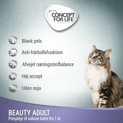 CONCEPT FOR LIFE. Blank pels, anti-hårbollefunktion, afvejet næringsstofbalance, høj accept, uden soja. BEAUTY ADULT pelspleje til voksne katte fra 1 år. Kat ved siden af tekst.