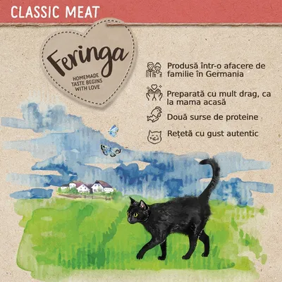 Feringa Classic Meat. Produsă într-o afacere de familie în Germania, preparată cu mult drag, două surse de proteine, rețetă cu gust autentic. Text parțial în engleză.