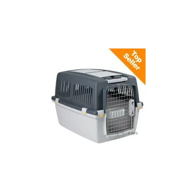 Trasportino per animali in plastica e metallo con griglia frontale, etichetta arancione in alto a destra con testo 'Top Seller'.