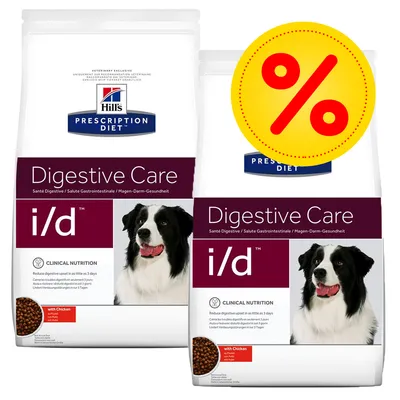 Hill's Prescription Diet Digestive Care i/d koiranruoka, kaksi pakkausta, etualalla mustavalkoinen koira ja keltainen alennusmerkki (%) oikeassa yläkulmassa Hill's Prescription Diet Digestive Care i/d koiranruoka, kaksi pakkausta, etualalla mustavalkoinen koira ja keltainen alennusmerkki (%) oikeassa yläkulmassa
