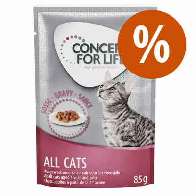 Concept for Life All Cats, Soße, für ausgewachsene Katzen ab dem 1. Lebensjahr, 85g. Sonderangebot mit Prozentzeichen.