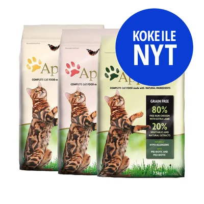 Applaws kissanruokapakkaukset, etiketissä teksti: GRAIN FREE, 80 % kanaa ja lampaanlihaa, 20 % vihanneksia ja luonnollisia uutteita. Sininen ympyrä: KOKEILE NYT.
