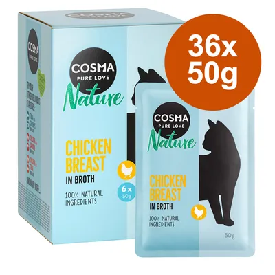 Cosma Nature Chicken Breast in Broth, 36x50g, 100% natürliche Zutaten. Verpackung und Einzelbeutel mit Katzenmotiv sichtbar.