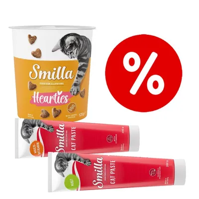 Smilla Hearties 125 g -purkki ja kaksi Smilla Cat Paste -tahnaa (Multivitamin, Malt), punainen prosenttimerkki tarjousmerkintänä