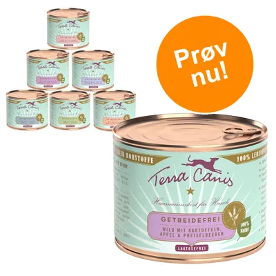 Terra Canis dåsefoder til hunde, synlige varianter med teksten 'GETREIDEFREI', 'WILD MIT KARTOFFELN, APFEL & PREISELBEEREN', 'LAKTOSEFREI'. Orange cirkel med teksten 'Prøv nu!'.