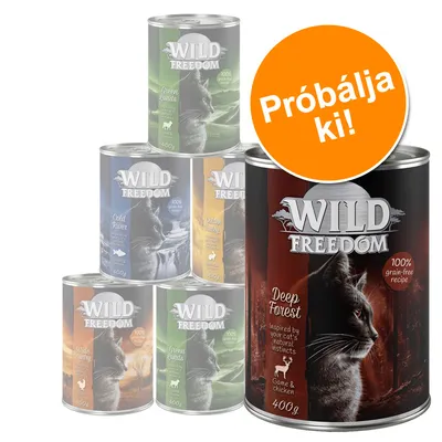Wild Freedom macskaeledel konzerv, többféle változat, 400 g. Narancssárga körben: Próbálja ki!