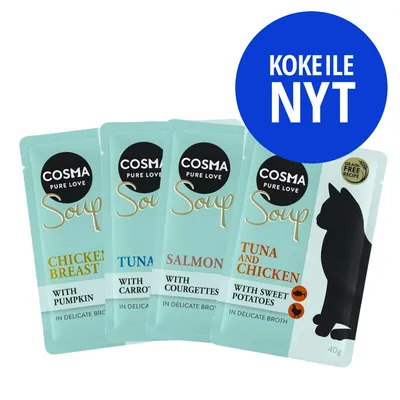 COSMA Pure Love Soup -kissanruokapusseja: Chicken Breast with Pumpkin, Tuna with Carrots, Salmon with Courgettes, Tuna and Chicken with Sweet Potatoes. KOKEILE NYT -teksti.