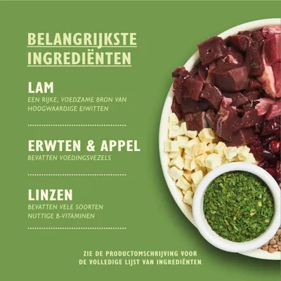 Belangrijkste ingrediënten: lam, erwten & appel, linzen. Lam is een rijke bron van eiwitten, erwten & appel bevatten voedingsvezels, linzen bevatten B-vitaminen. Zie productomschrijving voor meer.