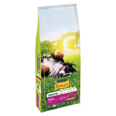 Zak Purina Bonzo hondenvoer, 5 Beloftes, Maxi, zichtbaar: 15 kg, afbeelding van hond op gras, paarse balk met pictogrammen en tekst, merknaam duidelijk leesbaar.