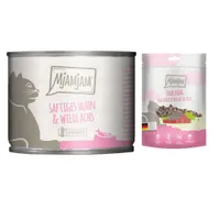 MjAMjAM Kombi-Paket: 12 x 200 g Nassfutter + 3 x 125 g Snackbag kulinarischer Wildlachs - saftiges Huhn und Wildlachs 12 x 200 g + Snackbag kulinarischer Wildlachs 3 x 125 g