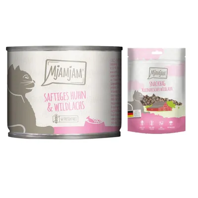 MjAMjAM Kombi-Paket: 12 x 200 g Nassfutter + 3 x 125 g Snackbag kulinarischer Wildlachs - saftiges Huhn und Wildlachs 12 x 200 g + Snackbag kulinarischer Wildlachs 3 x 125 g MjAMjAM Kombi-Paket: 12 x 200 g Nassfutter + 3 x 125 g Snackbag kulinarischer Wildlachs - saftiges Huhn und Wildlachs 12 x 200 g + Snackbag kulinarischer Wildlachs 3 x 125 g