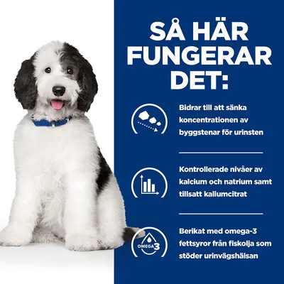 Så här fungerar det: Bidrar till att sänka koncentrationen av byggstenar för urinsten, kontrollerade nivåer av kalcium och natrium samt tillsatt kaliumcitrat, berikat med omega-3 fettsyror.