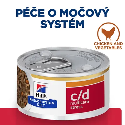 Konzerva Hill's Prescription Diet c/d multicare stress, péče o močový systém, příchuť chicken and vegetables, viditelný obsah masa a zeleniny.