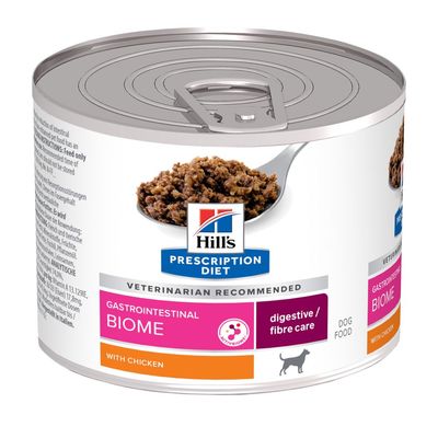 Hill's Prescription Diet Gastrointestinal Biome with Chicken, digestive/fibre care dog food tin. Visible text: veterinarian recommended, ActivBiome+, DOG FOOD.