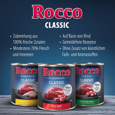 Rocco Classic. Zubereitung aus 100% frischen Zutaten, mindestens 70% Fleisch und Innereien. Auf Basis von Rind, getreidefreie Rezeptur, ohne künstliche Farb- und Aromastoffe.