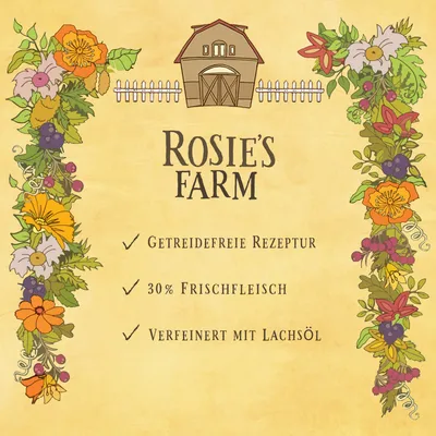 Rosie's Farm. Getreidefreie Rezeptur, 30% Frischfleisch, verfeinert mit Lachsöl.