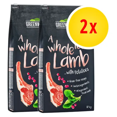 2 sacchi da 12 kg di GREENWOODS A whole lotta Lamb with Potatoes, visibili scritte: grain-free recipe, limited ingredients, #1 ingredient: fresh lamb.