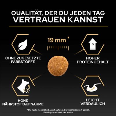 Krokettengröße 19 mm, ohne zugesetzte Farbstoffe, hoher Proteingehalt, hohe Nährstoffaufnahme, leicht verdaulich. Qualität, der du jeden Tag vertrauen kannst.