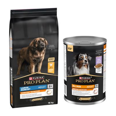 PURINA PRO PLAN Large Athletic Adult tørfoder med kylling, 16 kg, og PRO PLAN All Size Adult vådfoder med kalkun, synlige produktemballager.