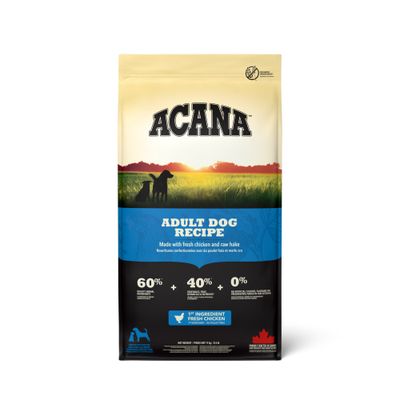 ACANA Adult Dog Recipe, 60% składników pochodzenia zwierzęcego, 40% warzyw i owoców, 0% sztucznych dodatków, główny składnik świeży kurczak, wyprodukowane w Kanadzie.