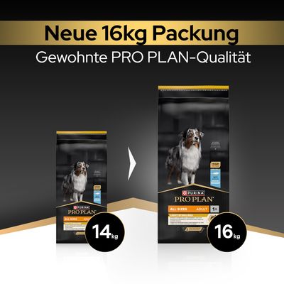Neue 16kg Packung Purina PRO PLAN Adult All Sizes, bisher 14kg. Gewohnte PRO PLAN-Qualität.