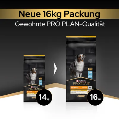 Neue 16kg Packung Purina PRO PLAN Adult All Sizes, bisher 14kg. Gewohnte PRO PLAN-Qualität. Neue 16kg Packung Purina PRO PLAN Adult All Sizes, bisher 14kg. Gewohnte PRO PLAN-Qualität.