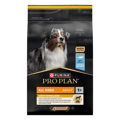 Nuovo pacco da 16 kg Purina Pro Plan All Sizes Adult Light/Sterilised, finora 14 kg. Stessa ricetta, nuovo formato più grande.