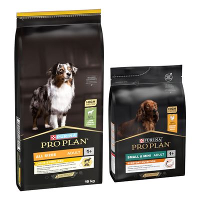 Två PURINA PRO PLAN Adult hundfodersäckar: All Sizes Protein & Energy med kyckling, 16 kg, och Medium Sensitive Digestion High Protein med lamm. För hundar från 1 års ålder.
