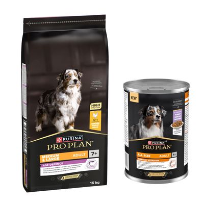 PURINA PRO PLAN: 16 кг суха храна + All Size Adult Everyday Nutrition в желе, 12 x 400 г подарък! - Medium & Large Adult 7+ Age Defence, 16 кг + пуешко в желе, 12 x 400 г