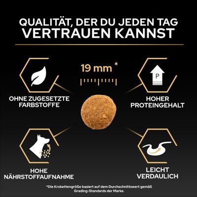 Krokettengröße 19 mm, ohne zugesetzte Farbstoffe, hoher Proteingehalt, hohe Nährstoffaufnahme, leicht verdaulich. Qualität, der du jeden Tag vertrauen kannst.