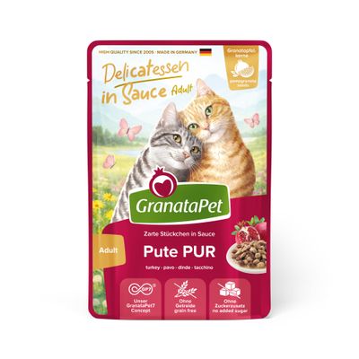 GranataPet Delicatessen în sos Adult Pui PUR, bucăți fragede în sos, fără cereale, fără adaos de zahăr, cu semințe de rodie, Fabricat în Germania.