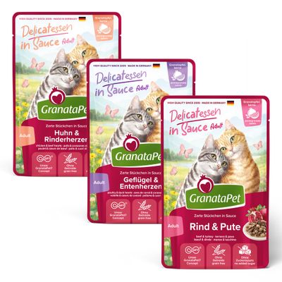 GranataPet Delicatessen in Sauce Adult Pollo PUR, teneri bocconcini in salsa, senza cereali, senza zuccheri aggiunti, con semi di melograno, Made in Germany.