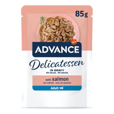 ADVANCE Delicatessen in Sauce mit Thunfisch, 85g, für ausgewachsene Katzen. Produktabbildung zeigt Stücke in Sauce.