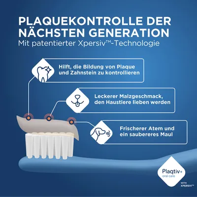 Plaquekontrolle der nächsten Generation mit Xpersiv-Technologie: kontrolliert Plaque, Malzgeschmack für Haustiere, sorgt für frischen Atem und sauberes Maul. Plaquekontrolle der nächsten Generation mit Xpersiv-Technologie: kontrolliert Plaque, Malzgeschmack für Haustiere, sorgt für frischen Atem und sauberes Maul.