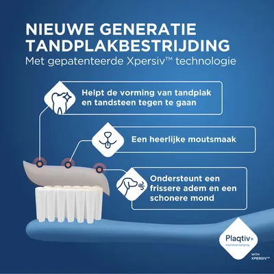 Plaqtiv+ met Xpersiv-technologie: helpt tegen tandplak en tandsteen, biedt mout smaak, ondersteunt een frisse adem en een schone mondholte. Plaqtiv+ met Xpersiv-technologie: helpt tegen tandplak en tandsteen, biedt mout smaak, ondersteunt een frisse adem en een schone mondholte.