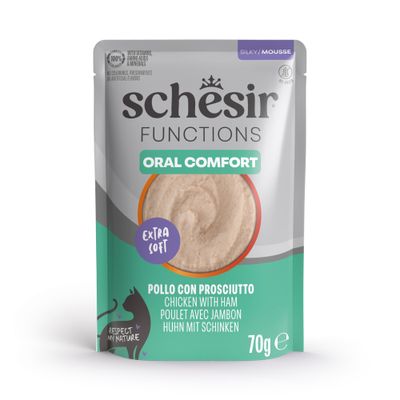 Schesir Functions Hairball, High Fiber, Silky Mousse, kyckling med kycklinglever, 70 g. Med vitaminer, aminosyror och mineraler, utan spannmål, färgämnen eller konserveringsmedel.