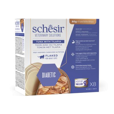 Schesir Veterinary Solutions Tun med Tilapia, Diabetic, 8x80g dåser. Kornfri, minimalt forarbejdet, naturlige ingredienser, højt proteinindhold, lavt sukkerindhold, kontrolleret energitilførsel.