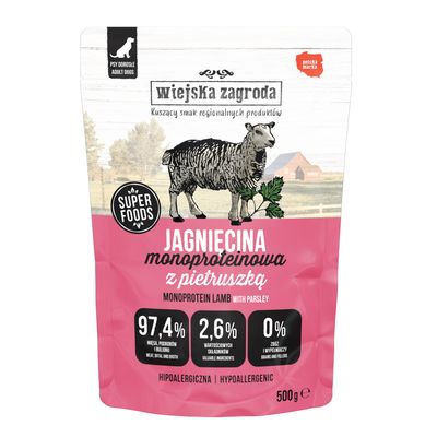 wiejksa zagroda Wołowina monoproteinowa z ostropestem, Super Foods, 97,4% Fleisch, Innereien und Brühe, 2,6% wertvolle Zutaten, 0% Getreide und Füllstoffe, hypoallergen, 500g