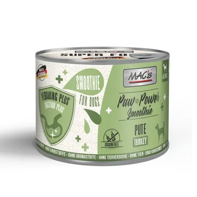 MAC's Paw Power Smoothie Turkey. Digestion Plus, Smoothie for Dogs, grain-free, free from colourings, free from flavourings, not tested on animals, without animal and bone meal, Made in Germany.