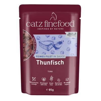 catz finefood Delikatny Filet w sosie, kurczak z marchewką, wyprodukowane w Niemczech, bez zbóż, bez dodatku cukru, saszetka, 85 g, Koncepcja naturalnej zdobyczy, opracowane z weterynarzami.
